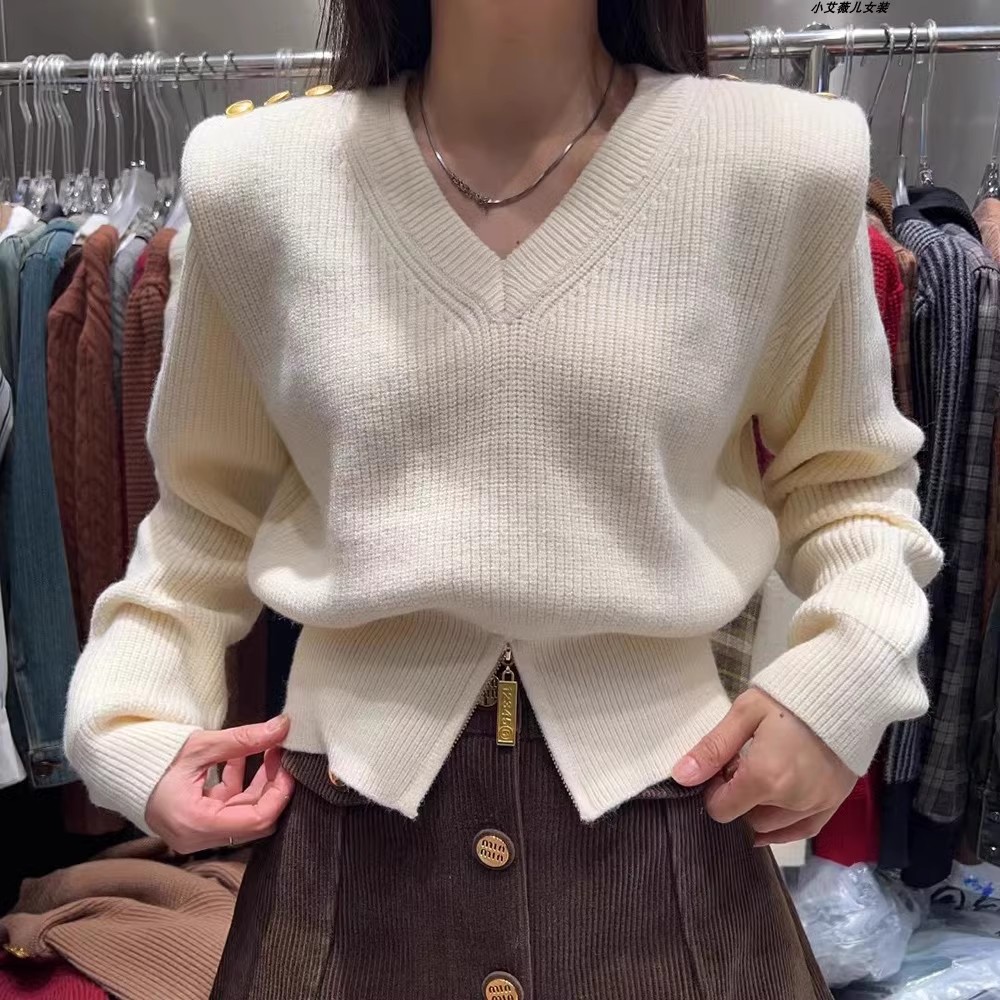 TOP甜美V領毛衣女2023秋冬季新款時尚百搭保暖開叉拉鏈針織衫上衣