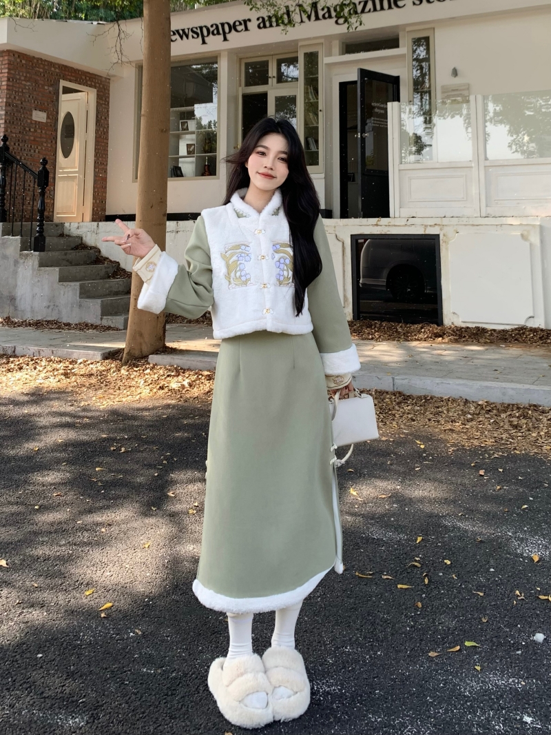 大碼女裝秋冬國風改良漢元素馬甲旗袍配燈芯絨長袖連衣裙兩件套