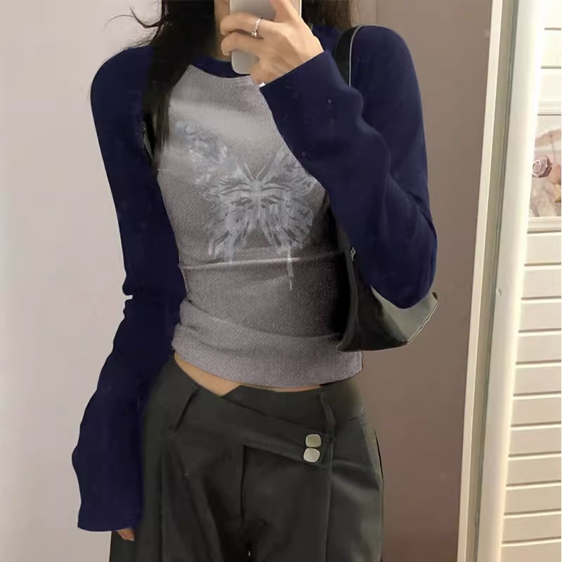 1*1純棉包領美式插肩短款長袖t恤穿搭辣妹修身超顯身材上衣
