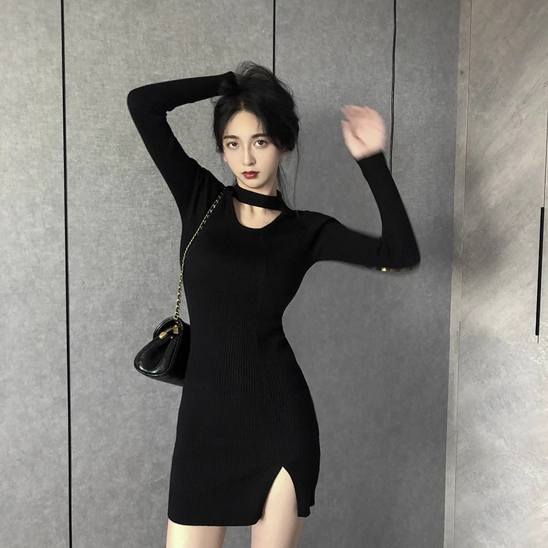 alittlefun sexy black swan temperament slim high waist bottoming mid-length knitted dress hip-hugging skirt
