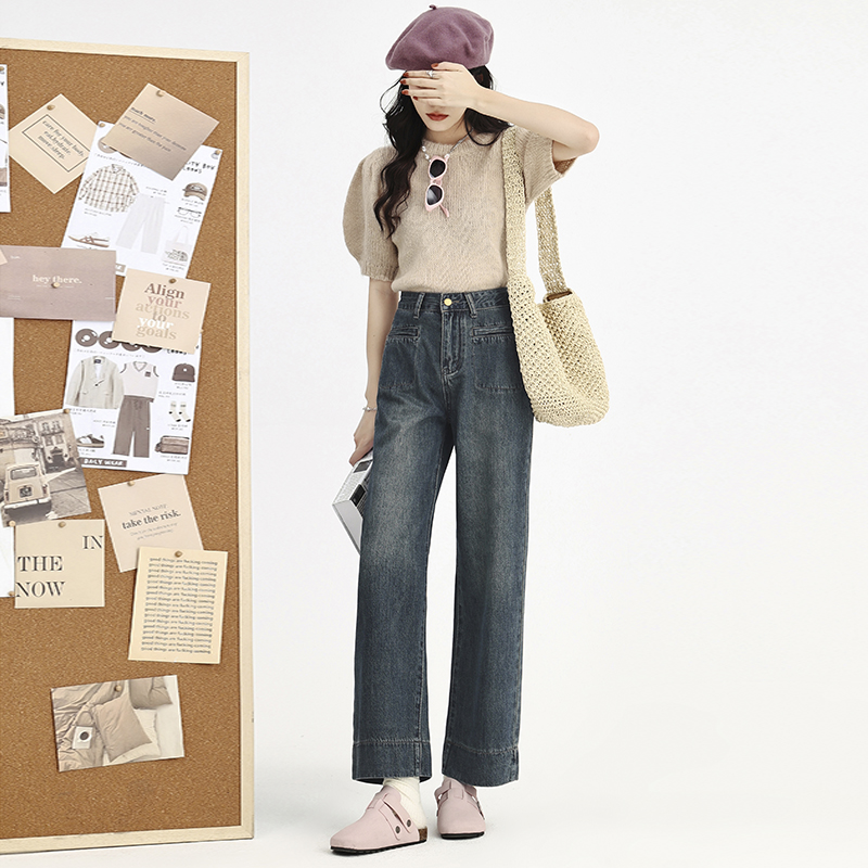 Actual shot of 2024 spring Korean-style high-waisted straight pocket design loose wide-leg jeans, two ways to wear them