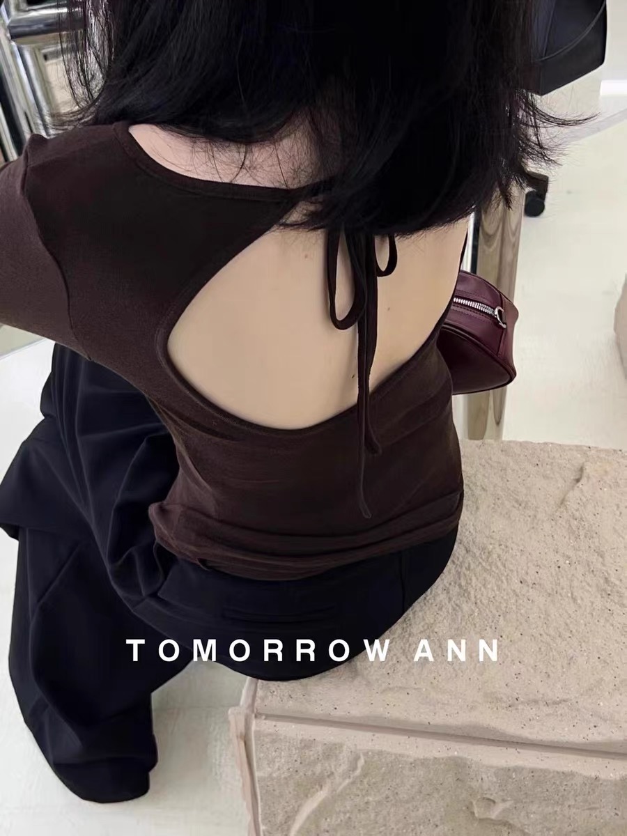 TOMORROW ANN2023秋冬韓版純色性感露背顯瘦露背綁帶時尚打底衫T