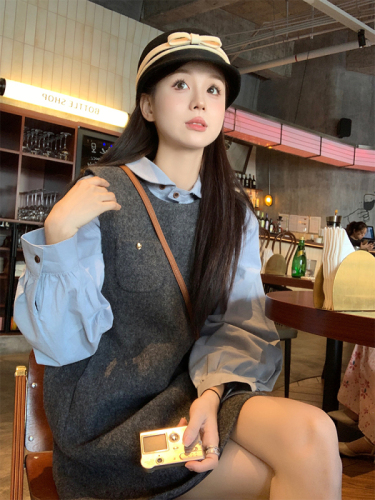 Actual shot of autumn and winter Korean chic simple gray toned nylon vest skirt + versatile shirt