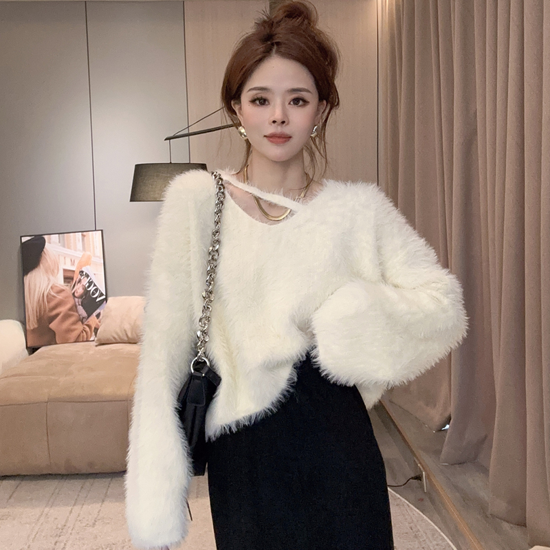 New autumn and winter Korean style loose mink velvet pullover sweater for women furry simple style hollow solid color long-sleeved top