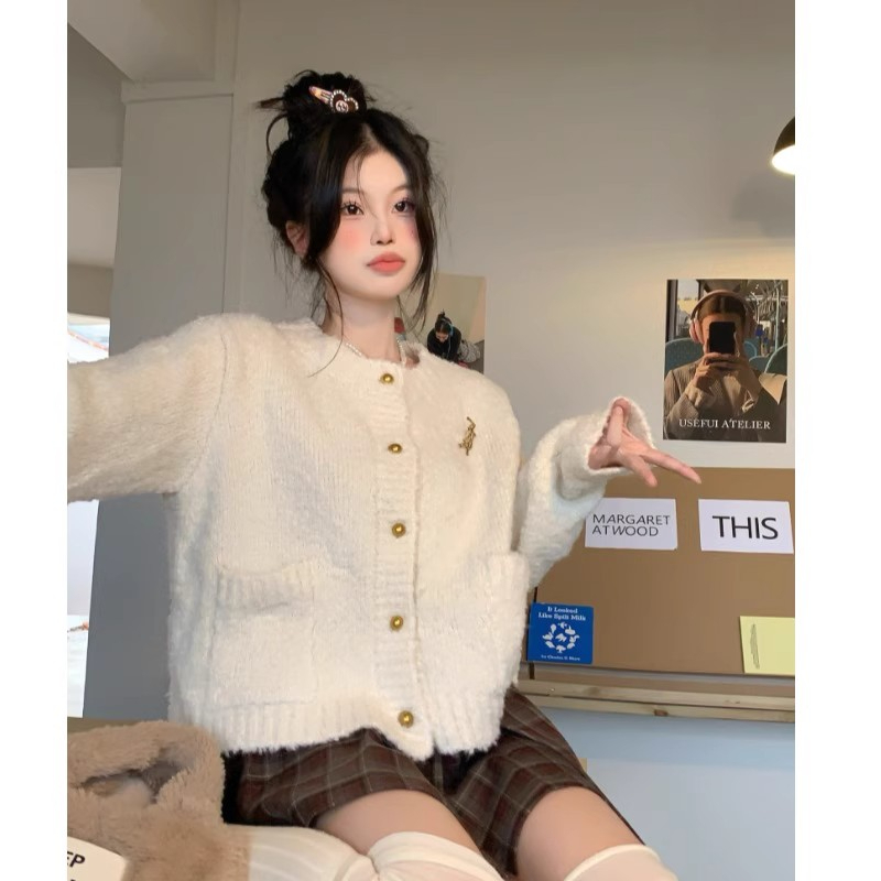 粉色軟糯毛衣外套女秋冬季高級感復古慵懶風百搭外穿針織開衫潮