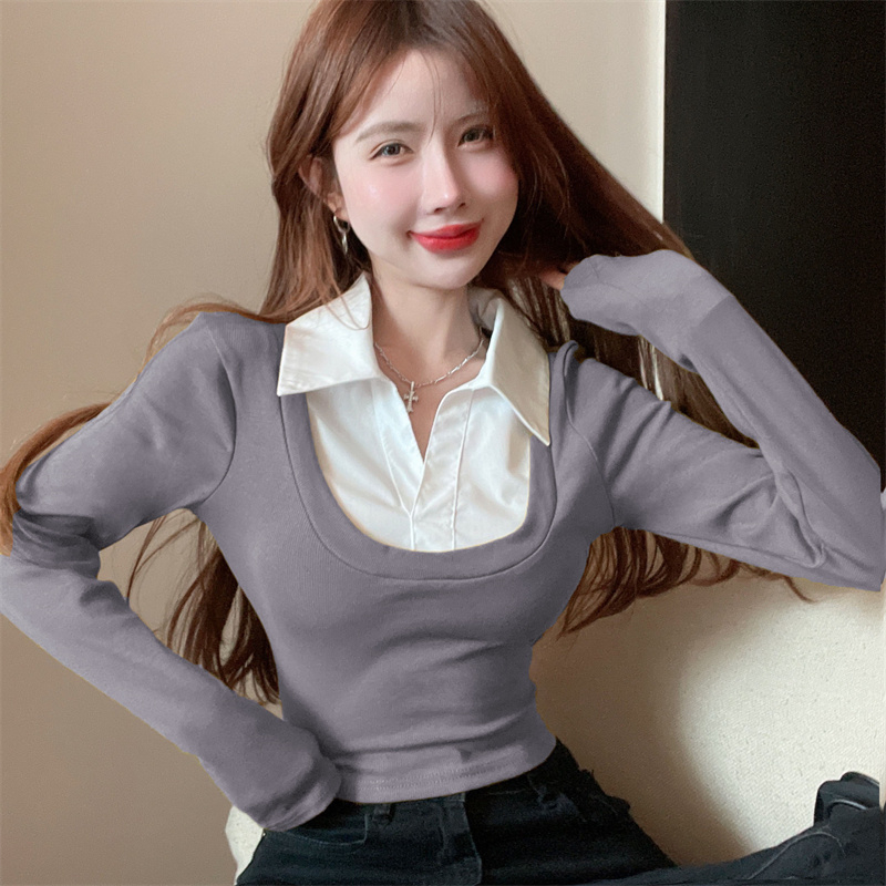 French fake two-piece polo collar contrasting color splicing short hot girl T-shirt slimming long-sleeved bottoming shirt tops for women in autumn