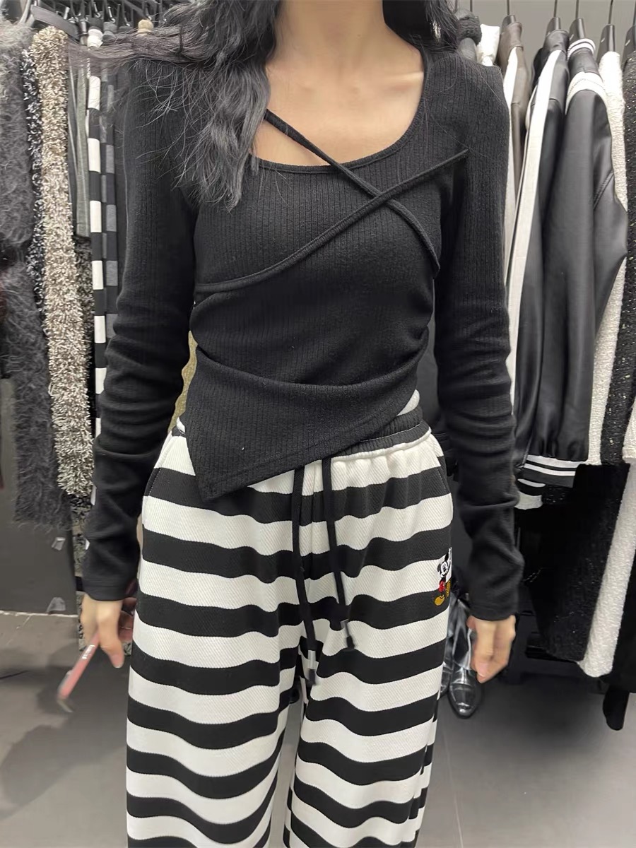 ZR/SHOP Pure Desire Hot Girl Style Cross Strap Careful Long Sleeve T-shirt Women's Elastic Slim Chic Top Spring