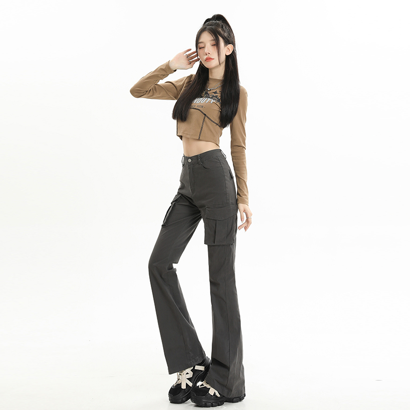 實拍2024早春新款高腰彈力微喇牛仔褲女顯瘦百搭垂感工裝長褲