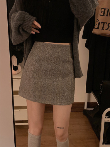 Actual shot of new winter clothing, Korean style high-waist slimming solid color thickened woolen A-line skirt with hip-covering skirt