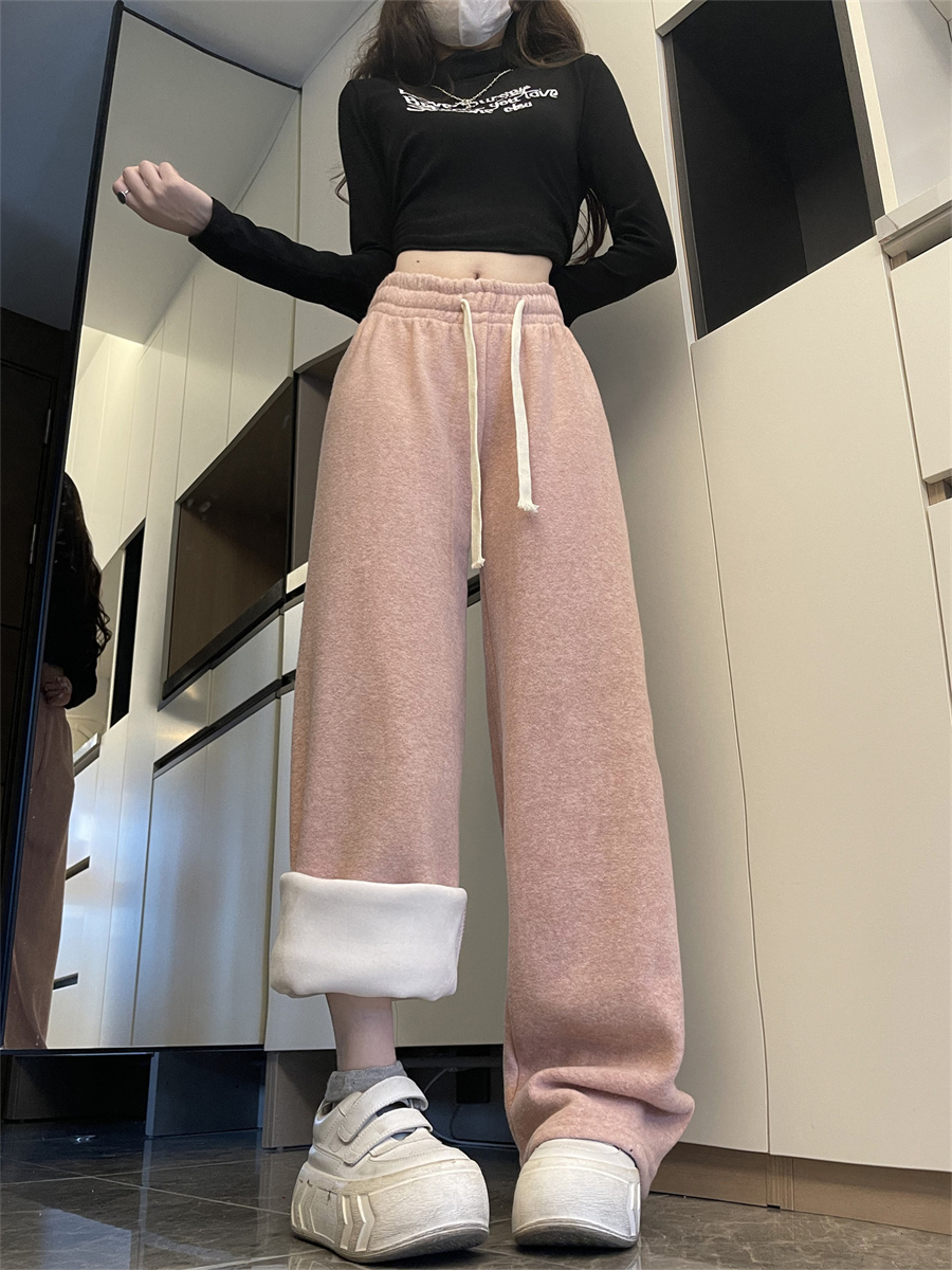 實拍秋冬新款高腰垂感寬鬆直筒加絨加厚闊腿褲女