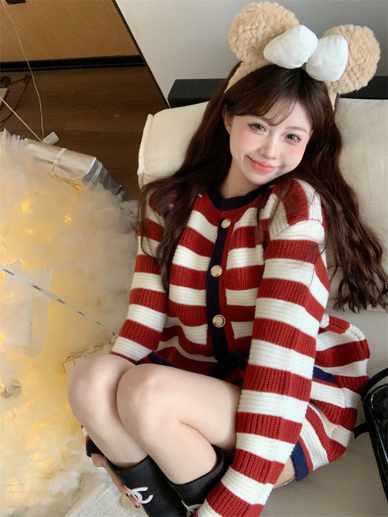 實拍 星期五見面 條紋節日感毛衣開衫北極絨加厚