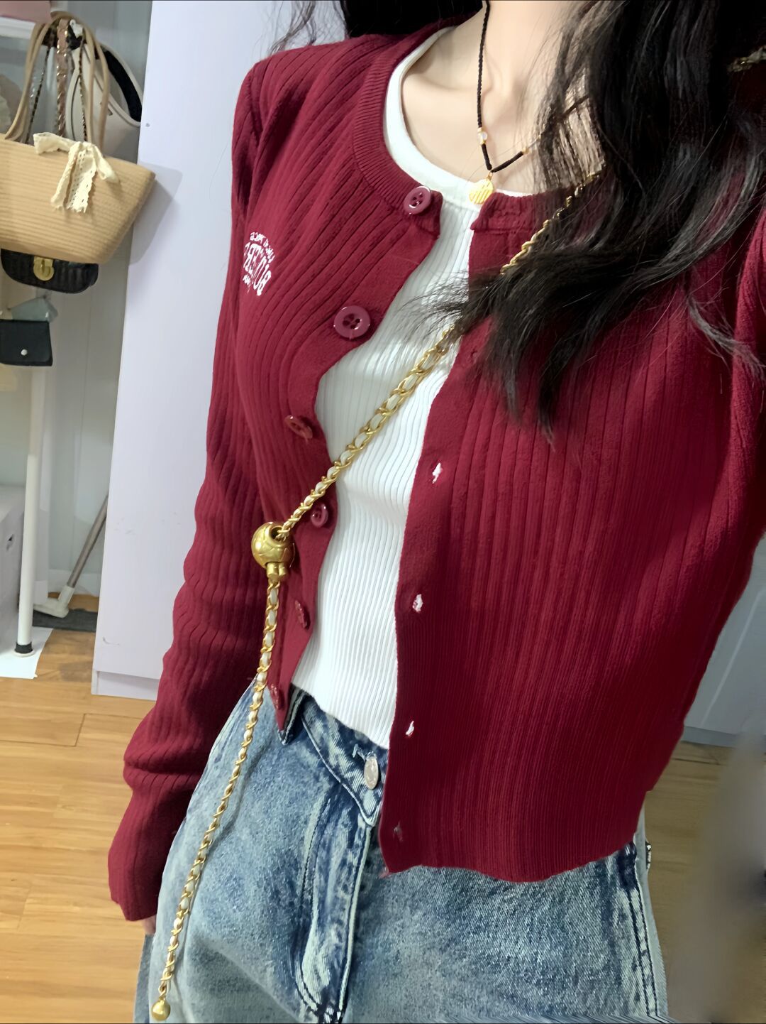 American high street burgundy button long-sleeved T-shirt sweater for women spring and autumn short style slim versatile cardigan jacket trendy