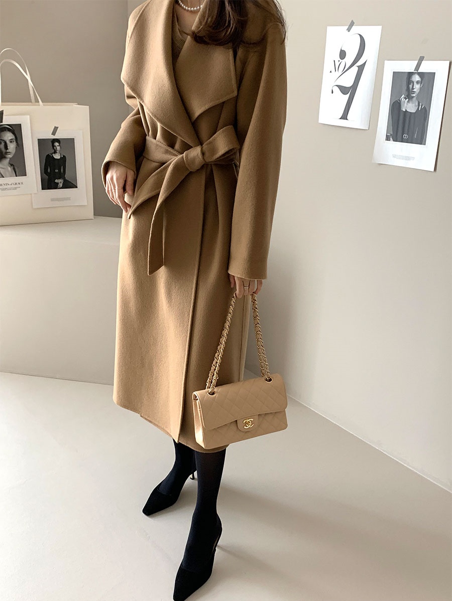 Korean chic temperament fashion large lapel mid-length loose lace slim casual woolen coat