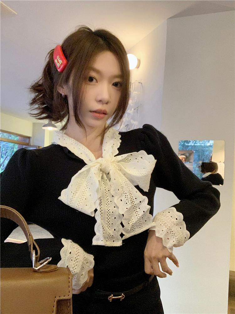 實拍~時髦法式針織衫顯瘦高級感甜美蕾絲花邊蝴蝶結毛衣女