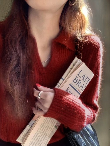 减龄漂亮洋气红色翻领针织衫女秋冬正肩polo衫毛衣内搭打底衫上衣