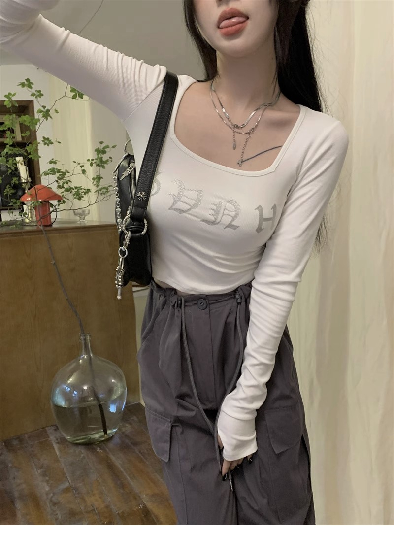 官圖 260克人棉羅紋美式辣妹一字肩T恤女秋季純欲風修身上衣