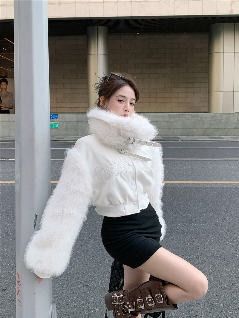 Real shot ~ Eco-friendly fur one-piece heavy-duty embroidered splicing fur winter warm cotton white short jacket