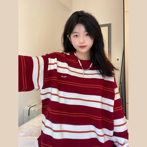 Spring and autumn new style Japanese lazy retro red and white striped design pullover sweater for women loose