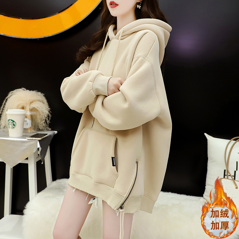 Back collar double hood warm velvet thickened loose mid-length large size hooded sweatshirt for women