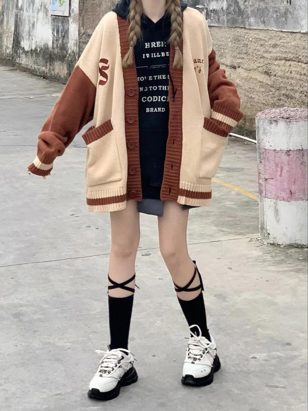 160# V-neck knitted cardigan women's mid-length sweater jacket
