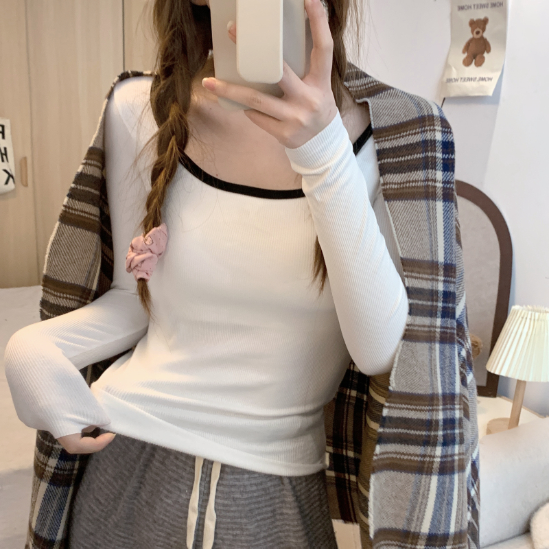 實拍 德絨加厚保暖打底衫女秋季韓版方領撞色修身顯瘦長袖T恤