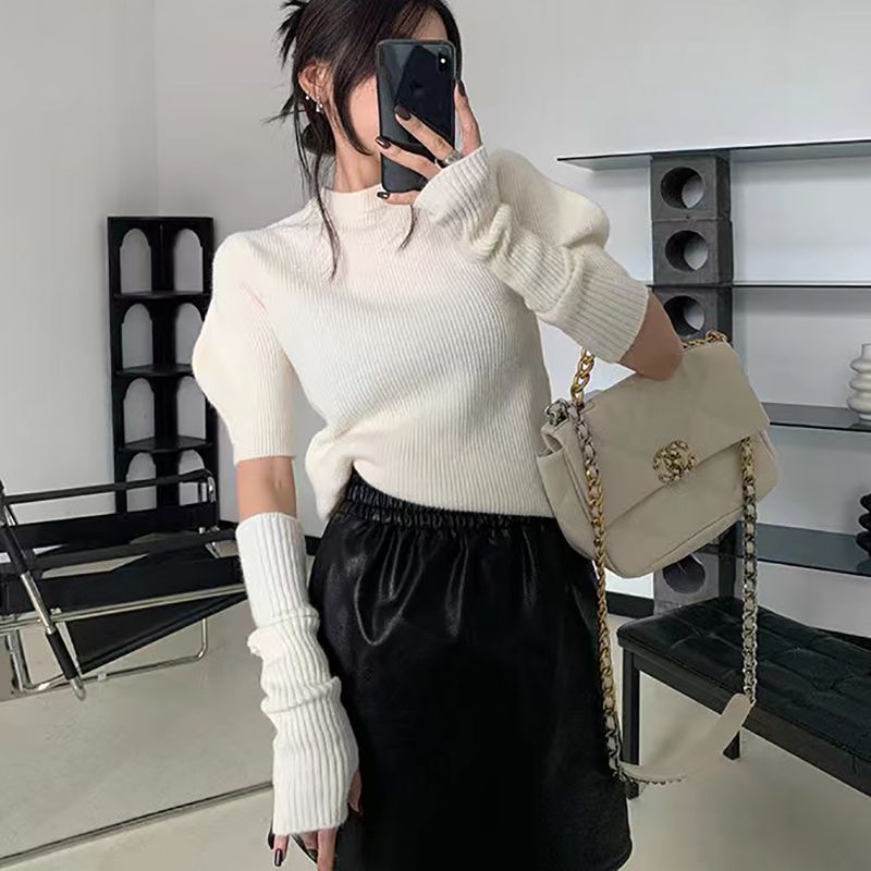 設計感兩種穿法圓領套頭毛衣打底衫女秋冬季袖套泡泡袖打底衫上衣
