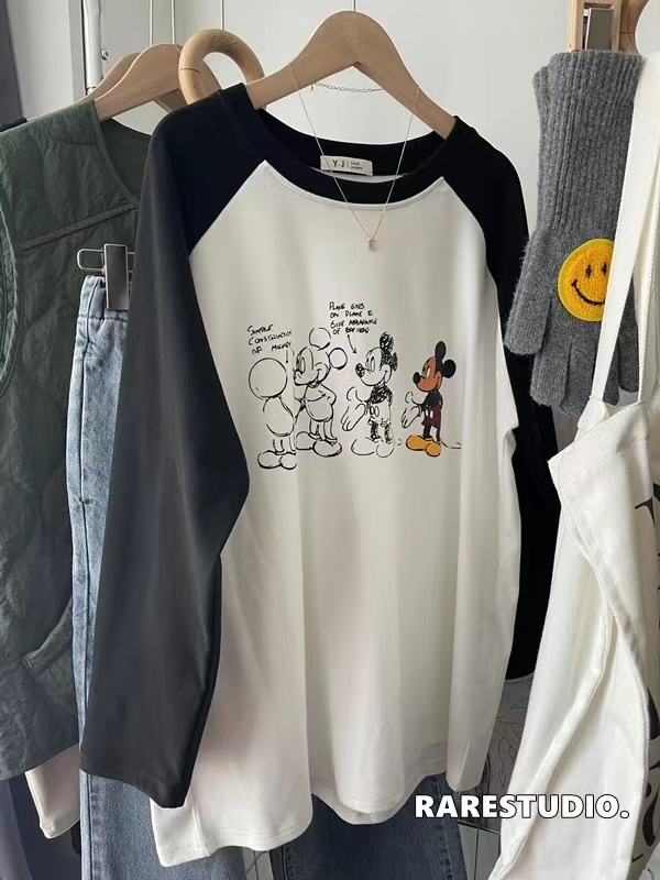 Silk cotton double-sided velvet raglan sleeves Mickey print age-reducing loose long-sleeved T-shirt with base layer for winter women