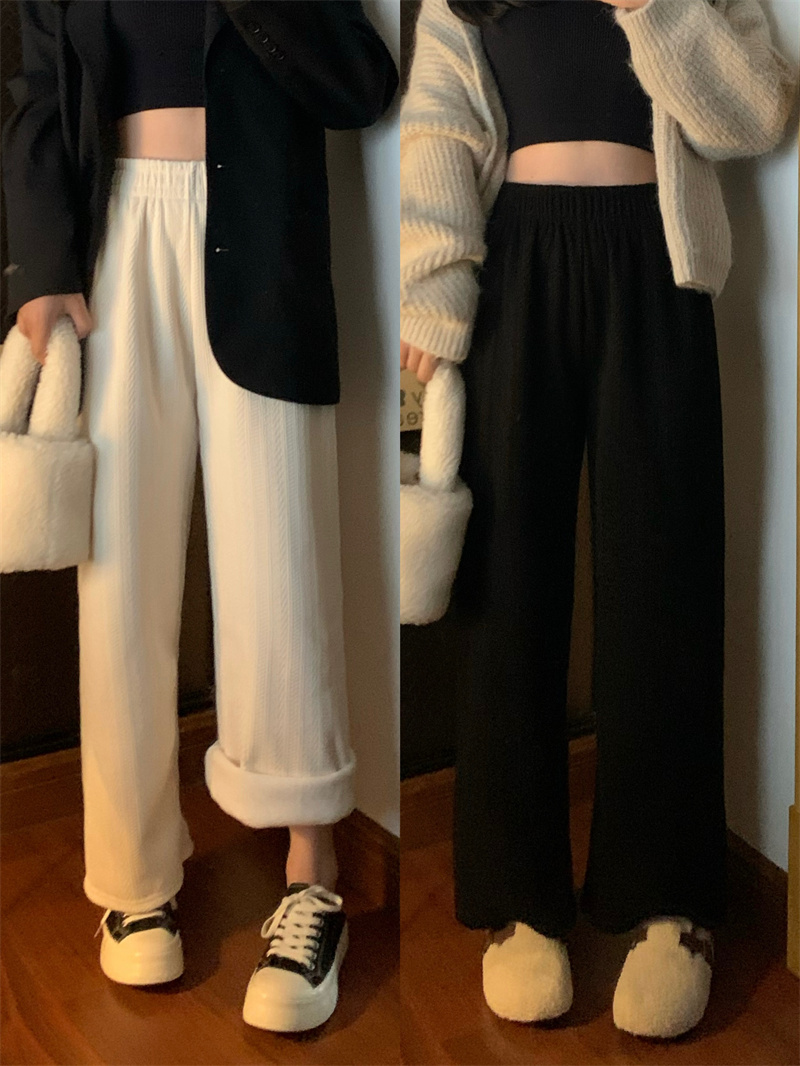 Real shot of wheat chenille plus velvet and thickened autumn and winter wide-legged high-waist slim straight floor mopping pants