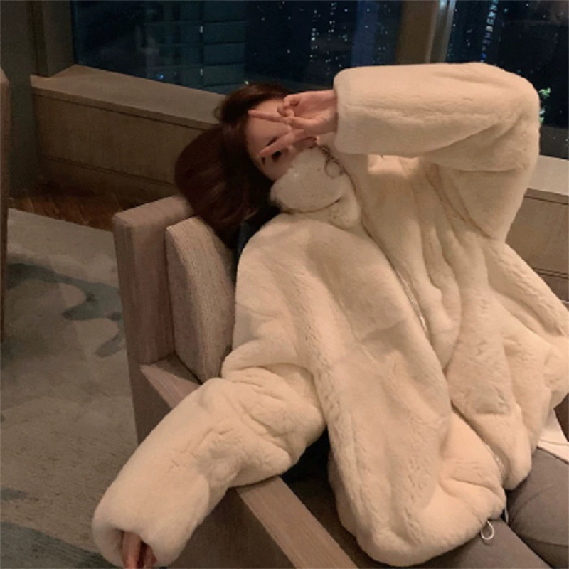 Lamb wool coat women's short stand-up collar rex rabbit fur imitation fur cotton coat loose coat thickened
