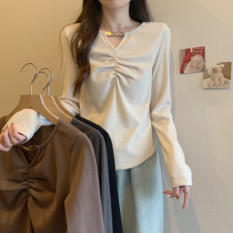 Real shot of 2023 new winter style fat mm plus size women's versatile thickened warm and careful machine pleated bottoming T-shirt top
