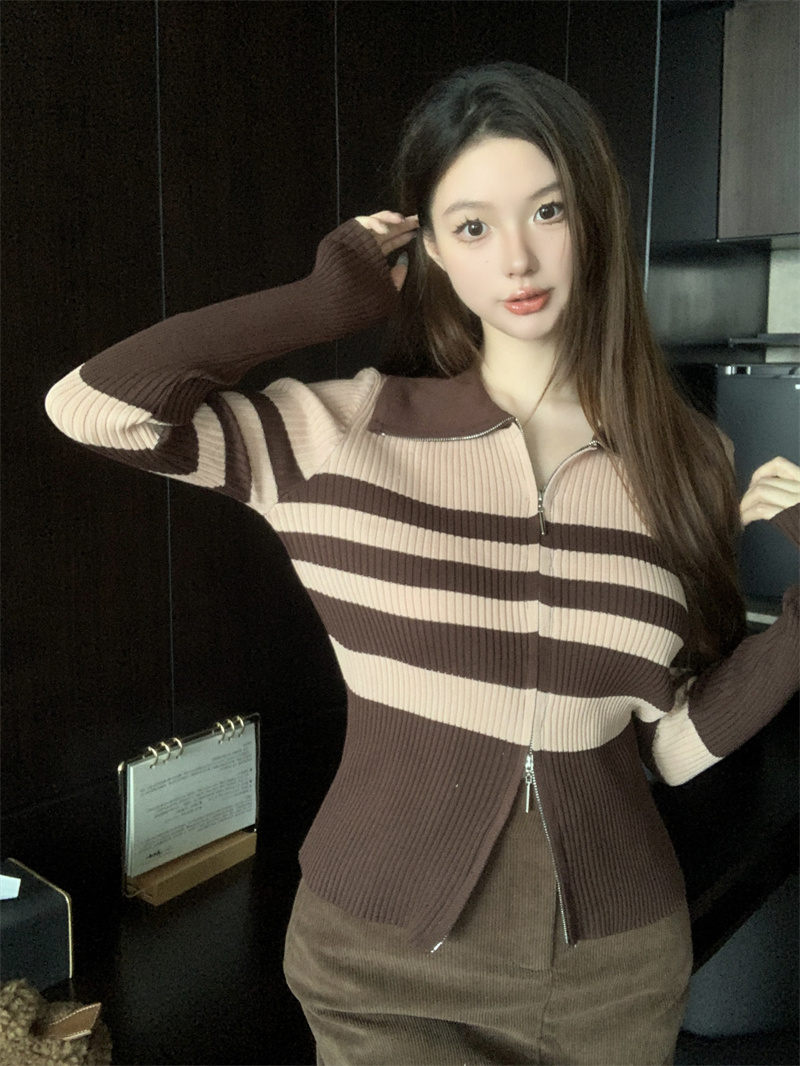 實拍 秋冬美式修身氣質長袖針織開衫女翻領撞色條紋上衣