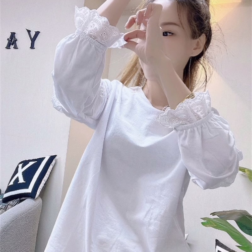 Official picture 200g 95 cotton 5 spandex bag collar  autumn loose short T-shirt women's long sleeves