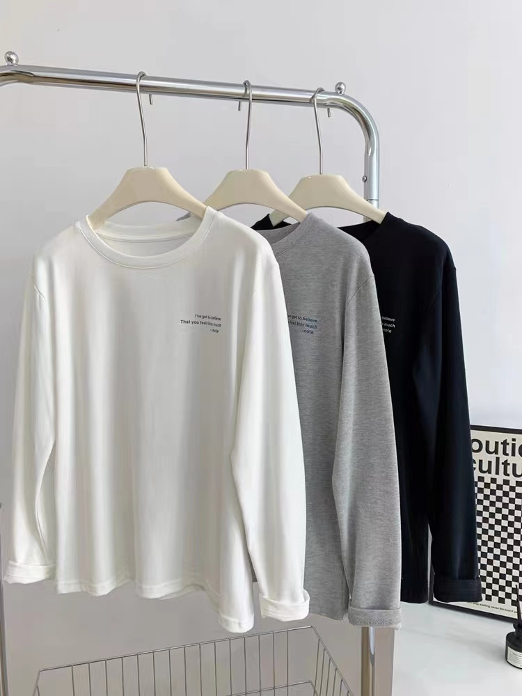 Silk cotton double-sided velvet small letter printed long-sleeved T-shirt for women, comfortable inner top and bottoming shirt