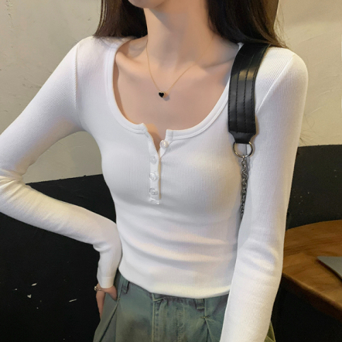 Half open collar hot girl slim t-shirt women's bottoming shirt early autumn Maillard wear chic threaded button long-sleeved top