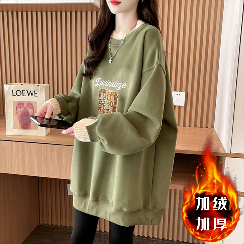 仿華棉復貝貝絨冬季加絨加厚保暖寬鬆假兩件半高領衛衣女潮