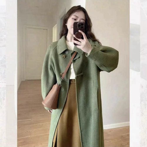  new autumn and winter green Hepburn style design woolen coat mid-length woolen coat for women