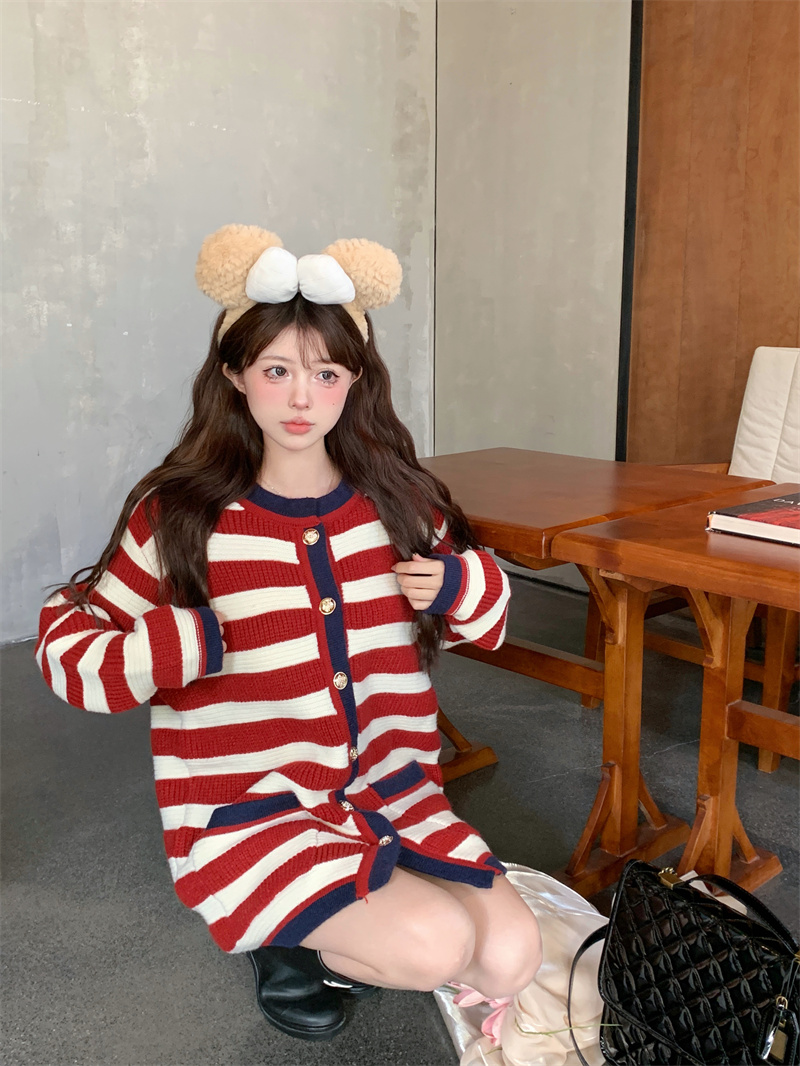 實拍 星期五見面 條紋節日感毛衣開衫北極絨加厚
