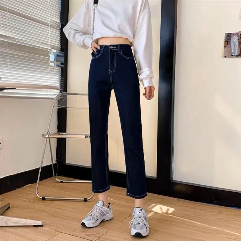 加絨牛仔褲女年春秋新款直筒秋季深藍色高腰顯瘦寬鬆煙管褲子