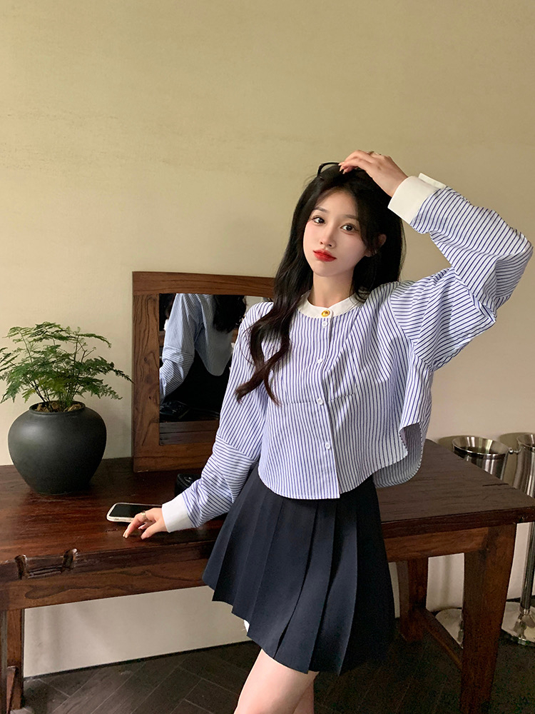 Blue striped long-sleeved shirt top for women niche design spring loose slimming unique short shirt