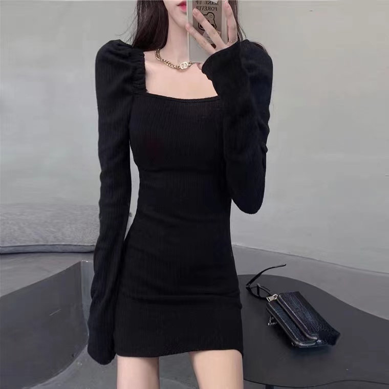 French spring and autumn new style high-end hottie temperament hip-hugging black versatile bottoming dress for women