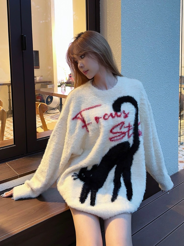 美式復古秋冬款套頭慵懶貓仿貂毛毛衣男女加厚寬鬆圓領針織衫潮