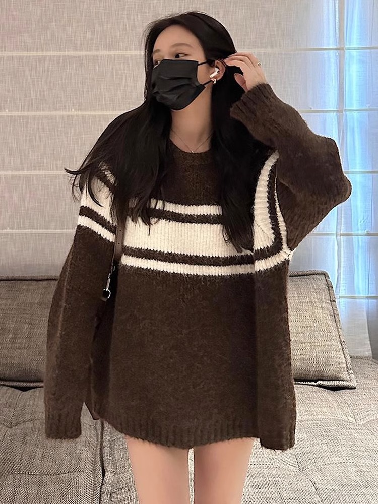 秋冬條紋慵懶風毛衣外套2024新款女中長款寬鬆顯瘦長袖氣質上衣女