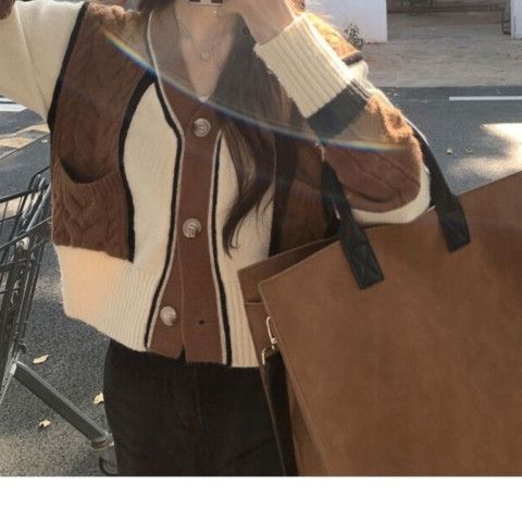 2023秋冬新款小香風撞色針織衫打底小眾氣質V領短款開衫毛衣外套