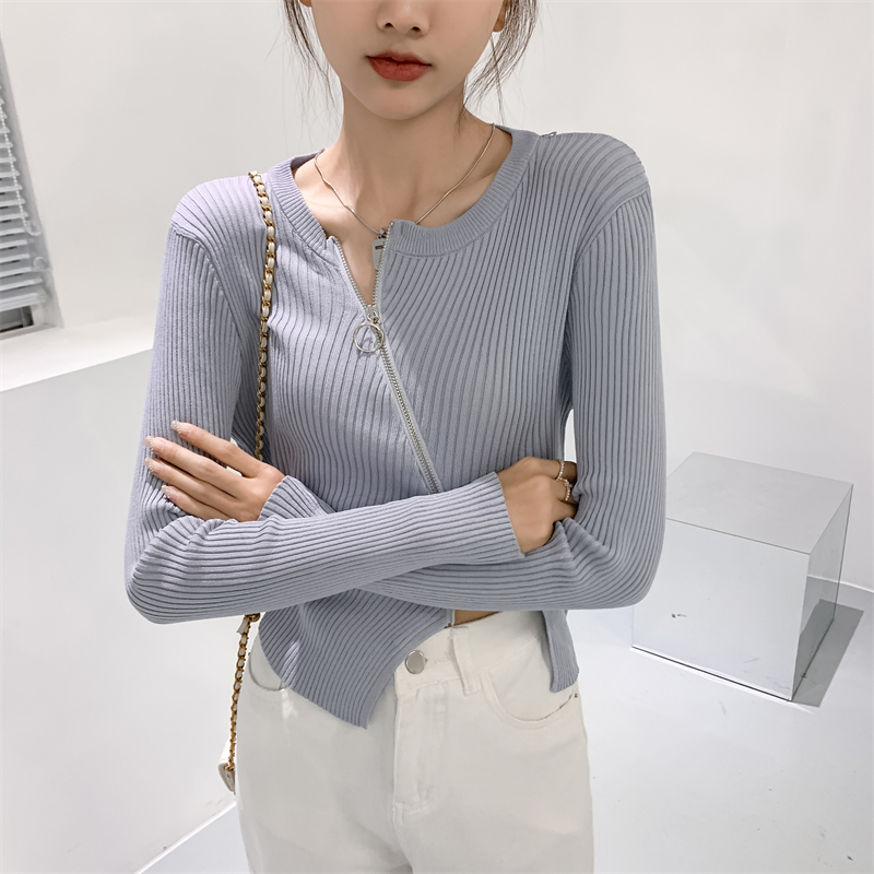 Large size irregular zipper sweater women's niche chic top slimming design fat mm spring and autumn cardigan sweater
