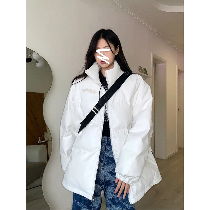 White stand-up collar thickened letter embroidered cotton coat for women winter new Korean version student versatile warm bread coat