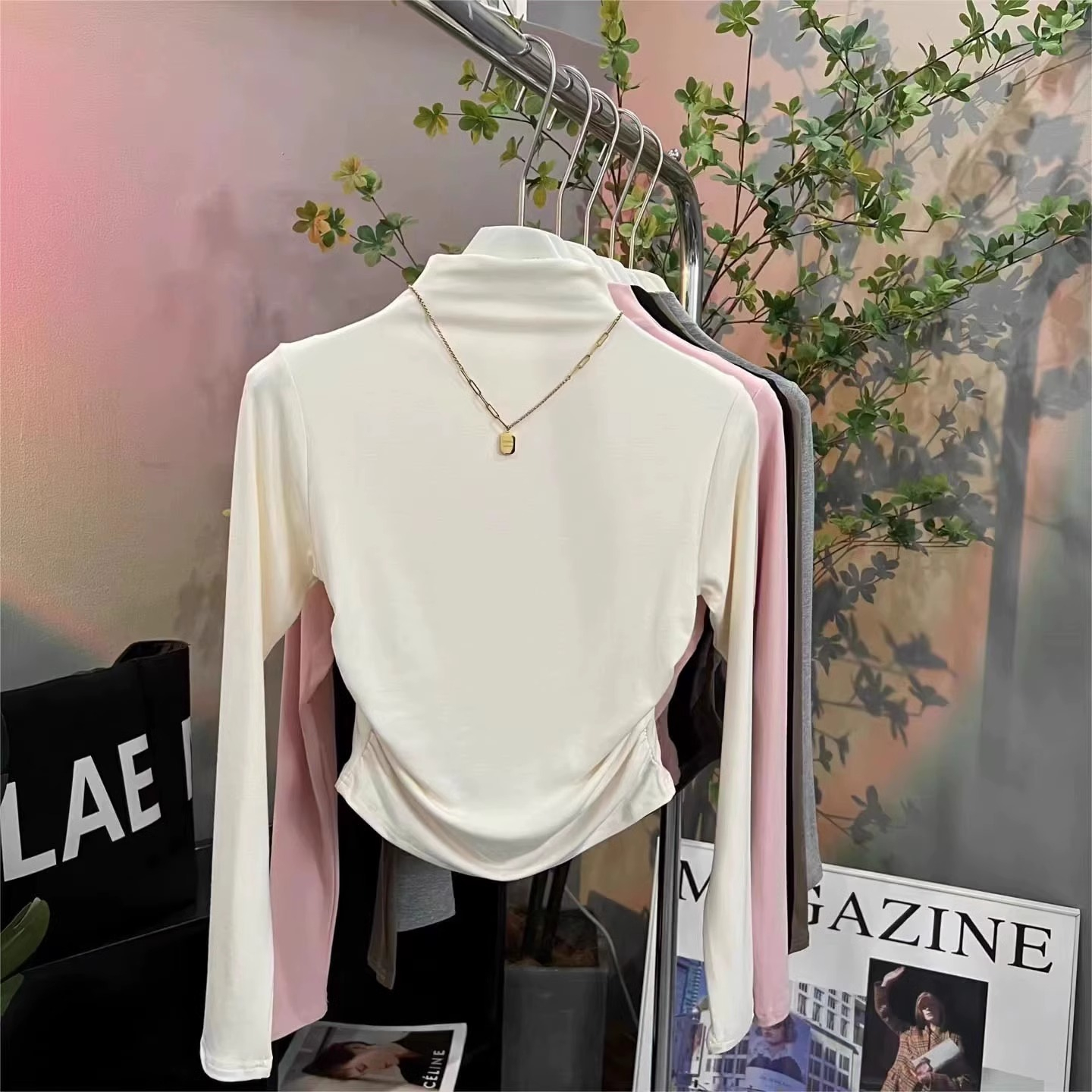 210g 92 cotton 8 spandex 2023 spring and autumn new Korean style long-sleeved T-shirt for women with design feel