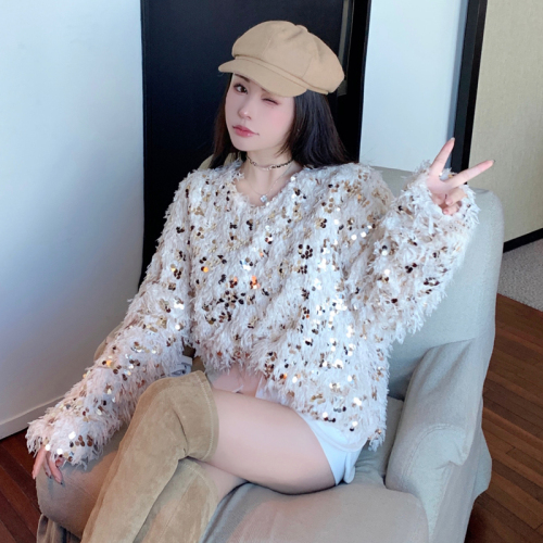 Actual shot of small fragrant style sequined sweater for women in autumn and winter New Year's shirt, loose and lazy style, high-end, temperament and chic top