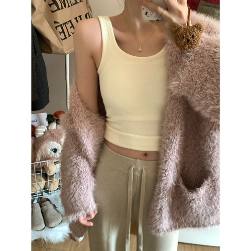 Actual shot of autumn and winter velvet thickened warm suspender color matching vest for women coiled wool large u-neck inner top
