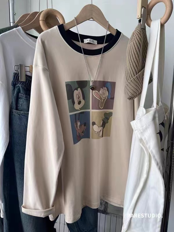 Silk cotton double-sided velvet four-panel cartoon long-sleeved T-shirt loose and versatile bottoming inner layer for women
