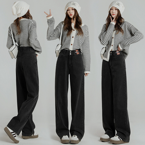 Real shot of autumn and winter black and gray double-breasted hottie high-waisted jeans for women with slimming straight pants